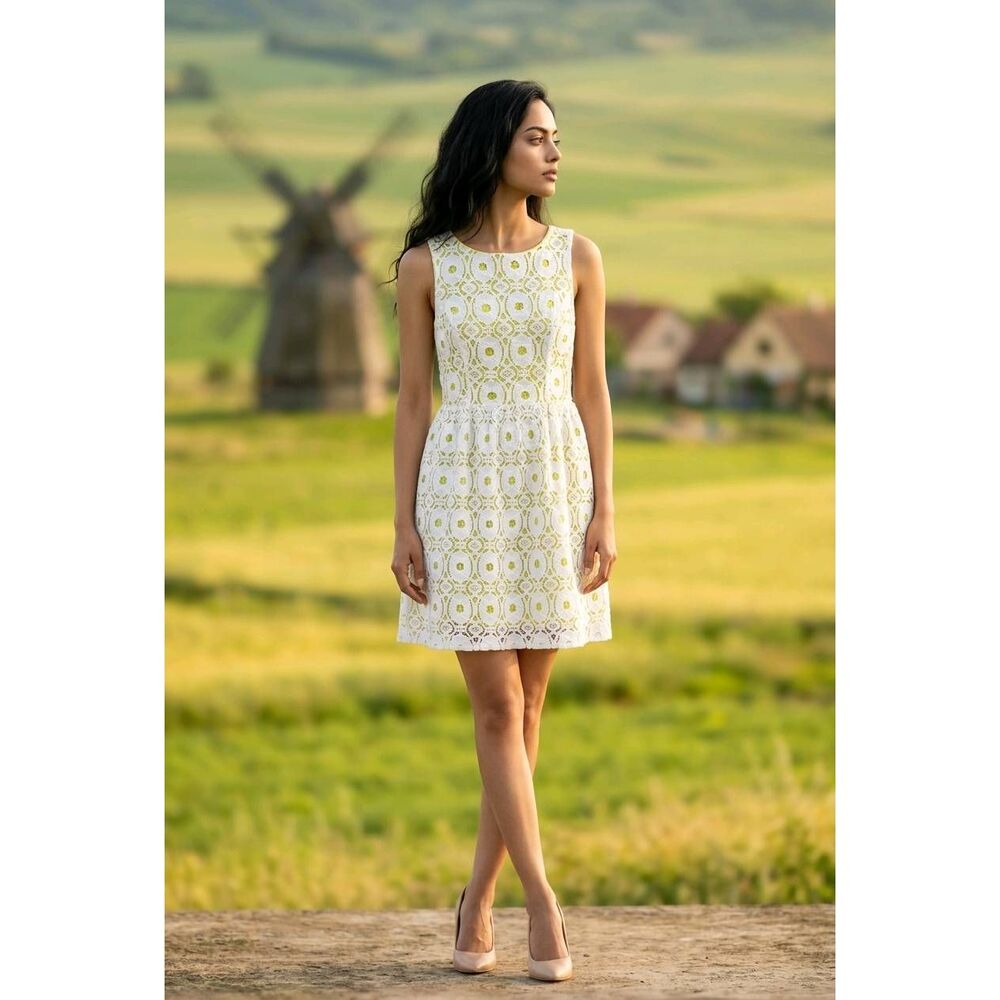 🍑Vintage Glamour Lime Green & White Lace Sleeveless Dress Size 10